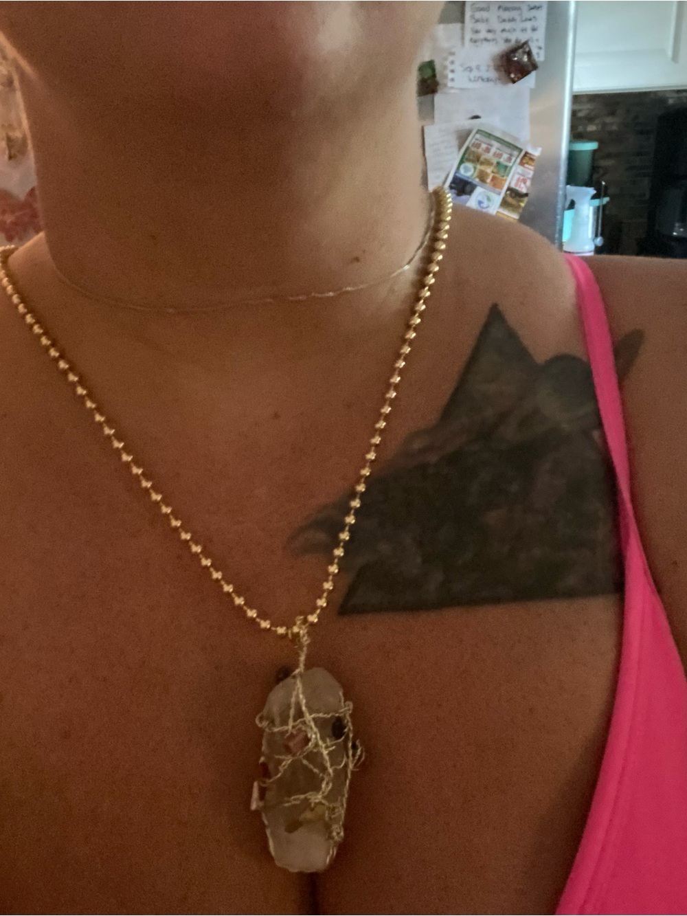 Gold Beaded Necklace with wire stone Wrapped I Quartz Pendant - Women Jewelry